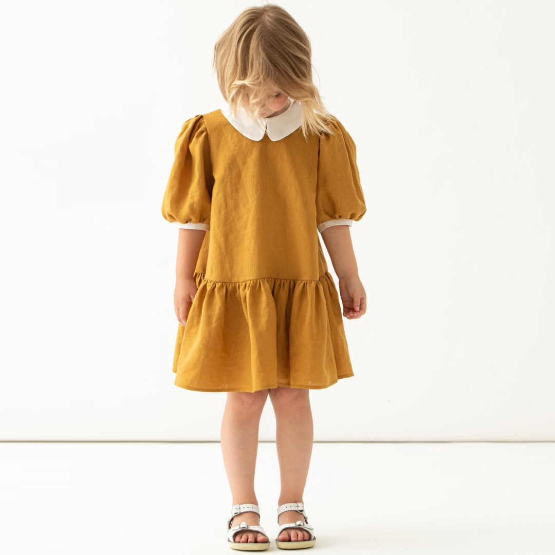 New Kids Puffed Sleeves Lapel Dress VV17-(Hand Made)