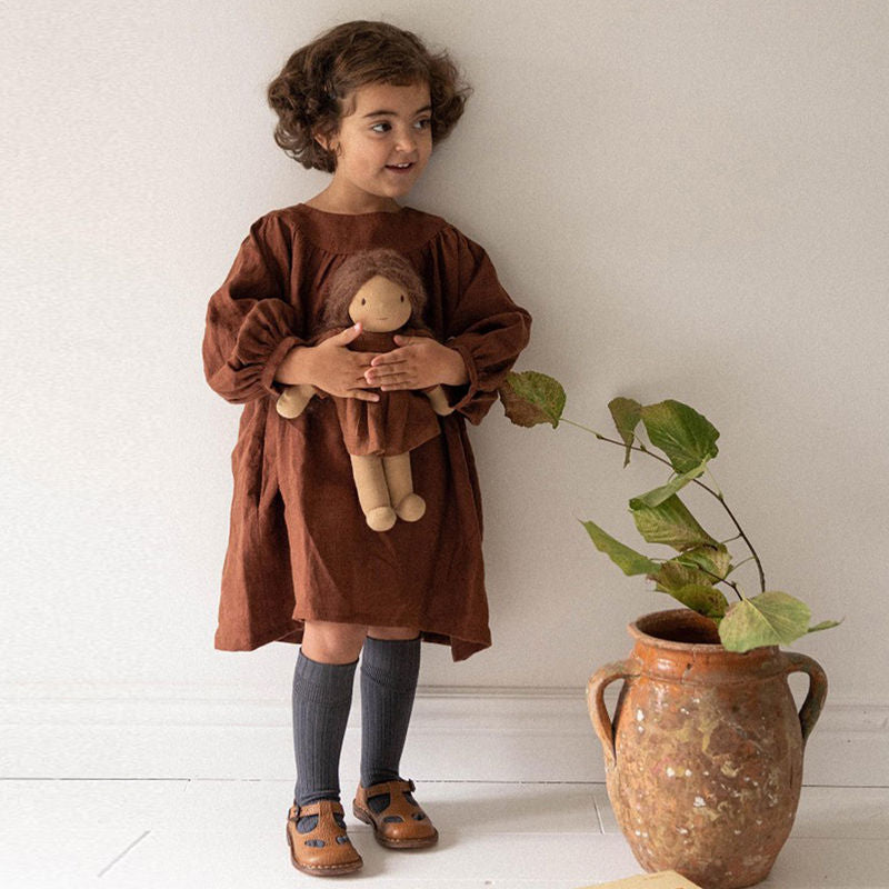 Girls Retro Lantern Sleeves Casual Loose Linen Dress VV02-(Hand Made)