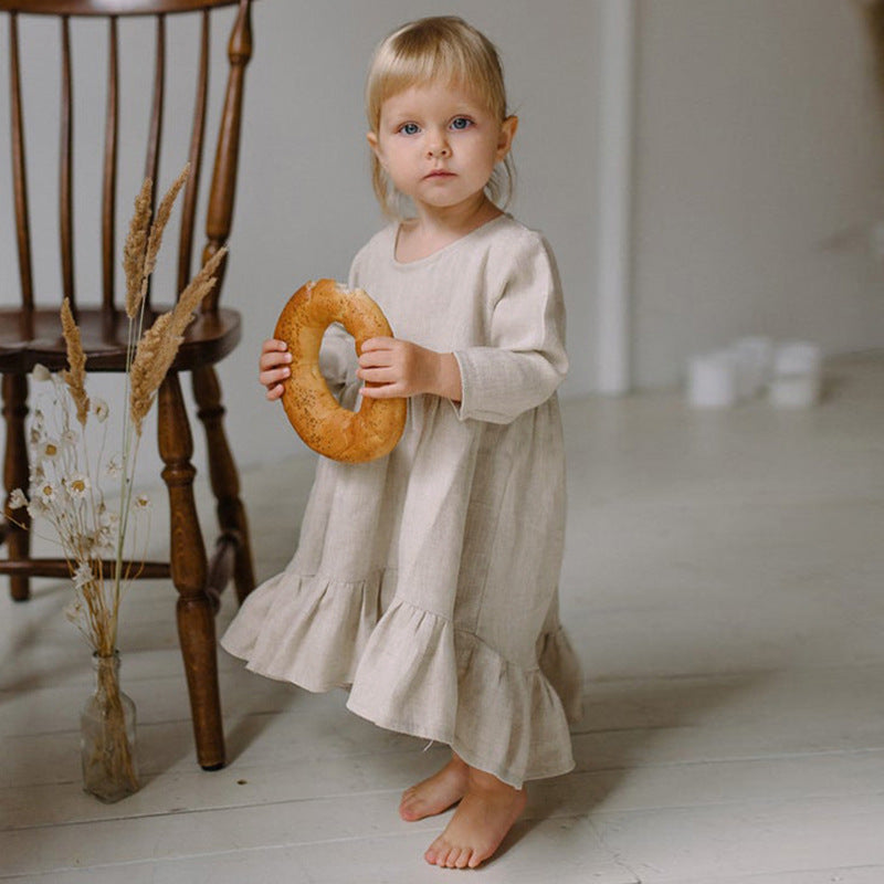 Girls O-neck Long-Sleeve Ruffle Linen Princess Dress TZ64
