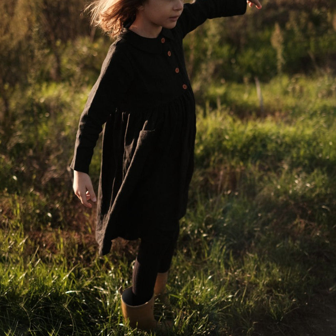 Kids Pocket Doll Collar Button Front Long Sleeve Dress VV08-(Hand Made)