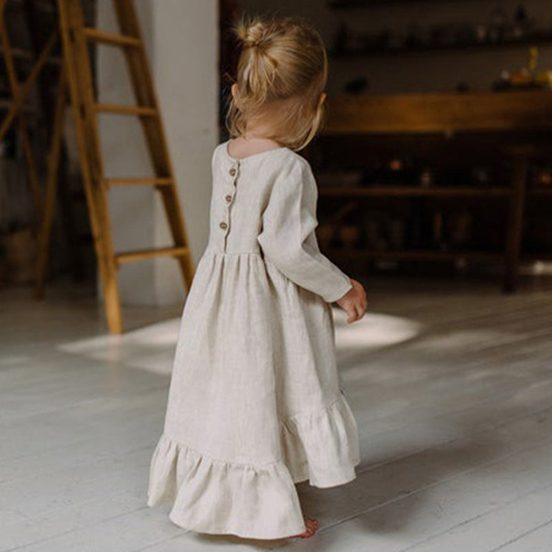 Girls O-neck Long-Sleeve Ruffle Linen Princess Dress TZ64
