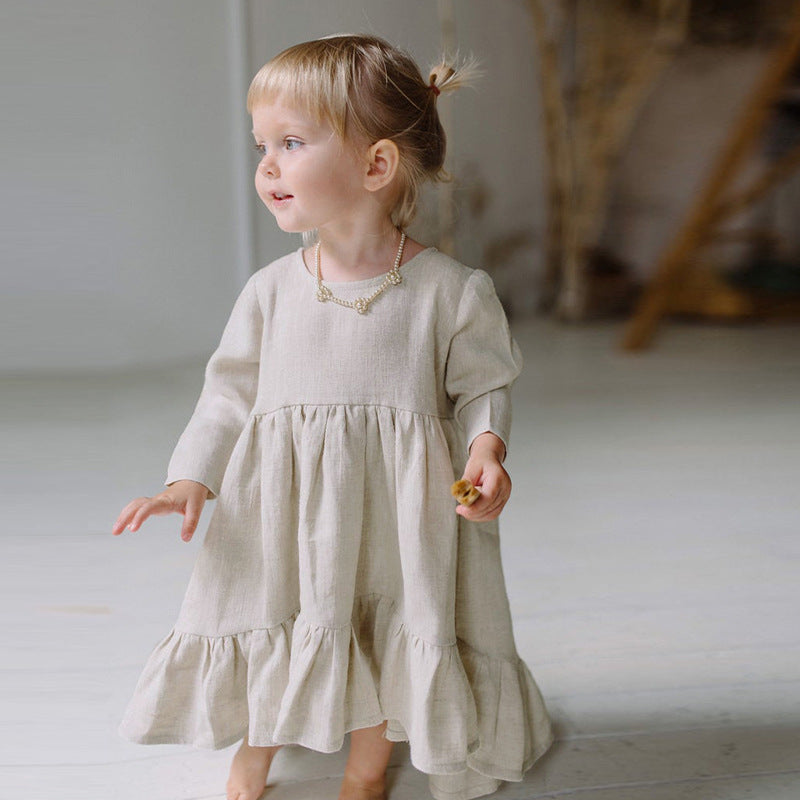 Girls O-neck Long-Sleeve Ruffle Linen Princess Dress TZ64