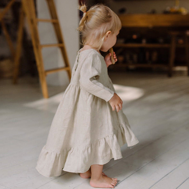 Girls O-neck Long-Sleeve Ruffle Linen Princess Dress TZ64
