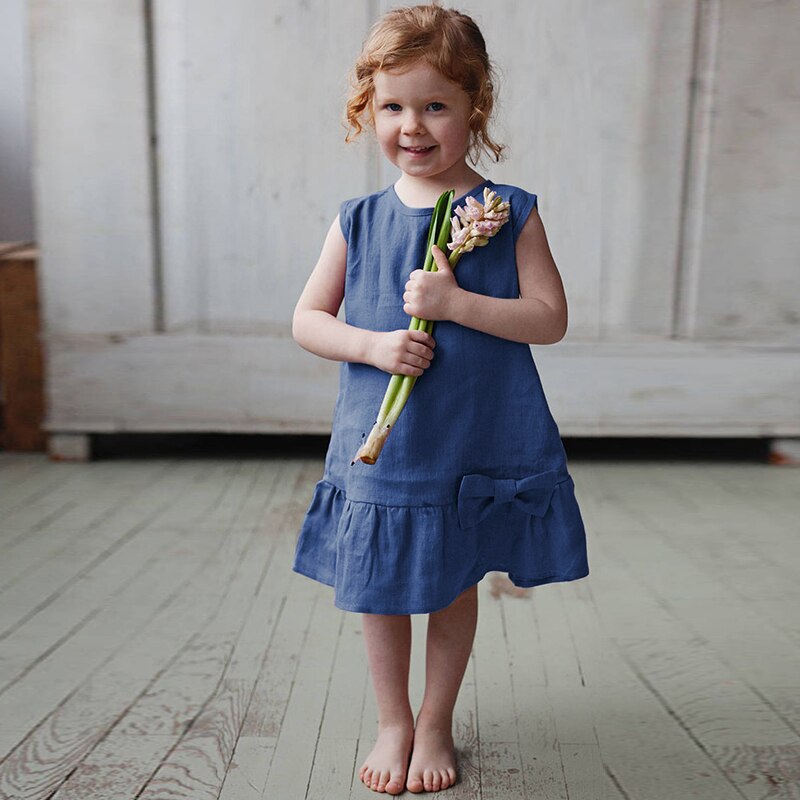 Cute Bow Sleeveless O-Neck Ruffle Flowy Linen Flower Girl Dresses TZ24