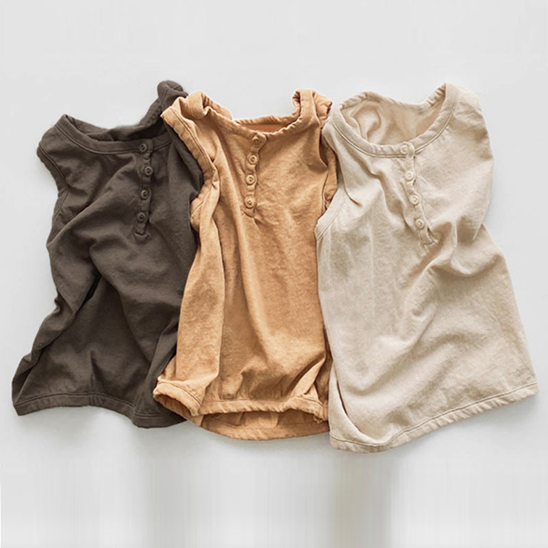 Linen Sleeveless O-neck Button Solid Casual T-Shirt WT038