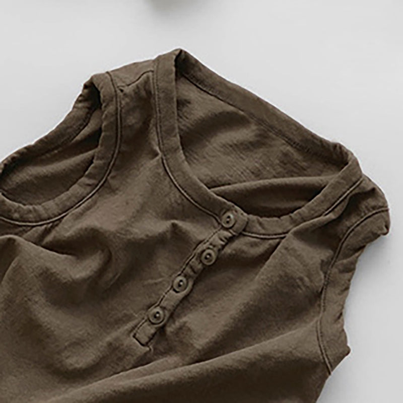 Linen Sleeveless O-neck Button Solid Casual T-Shirt WT038