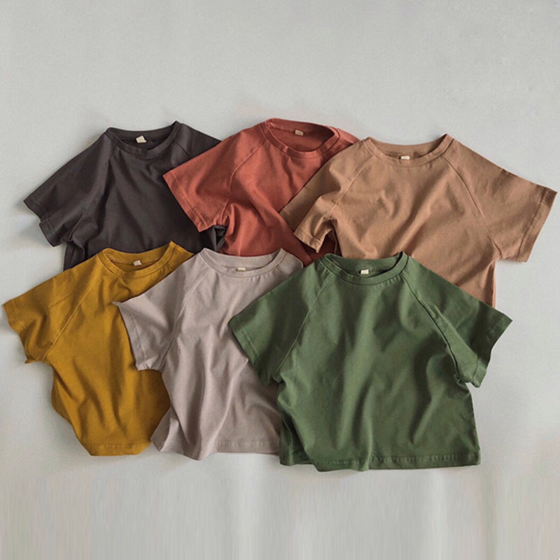 Summer New Boys Solid Color Round Neck Casual Loose Tops WT787