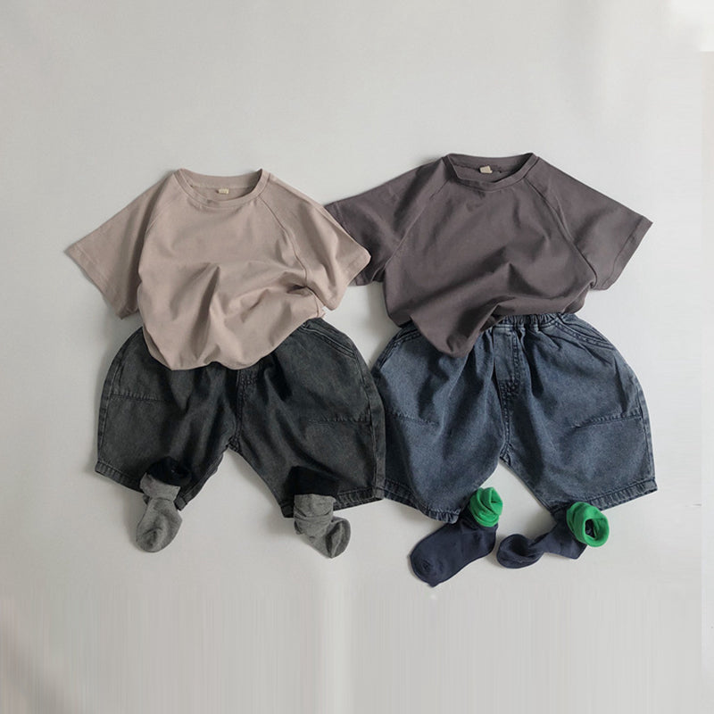 Summer New Boys Solid Color Round Neck Casual Loose Tops WT787