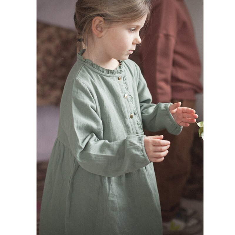 Girls Retro Button Round Neck Long-Sleeve Casual Midi Dresses TZ084
