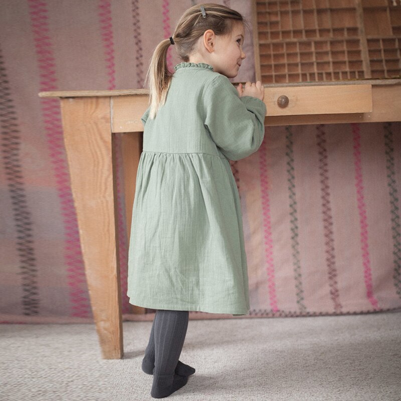 Girls Retro Button Round Neck Long-Sleeve Casual Midi Dresses TZ084