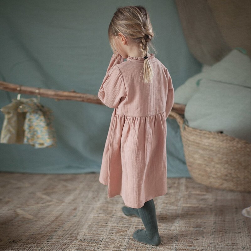 Girls Retro Button Round Neck Long-Sleeve Casual Midi Dresses TZ084