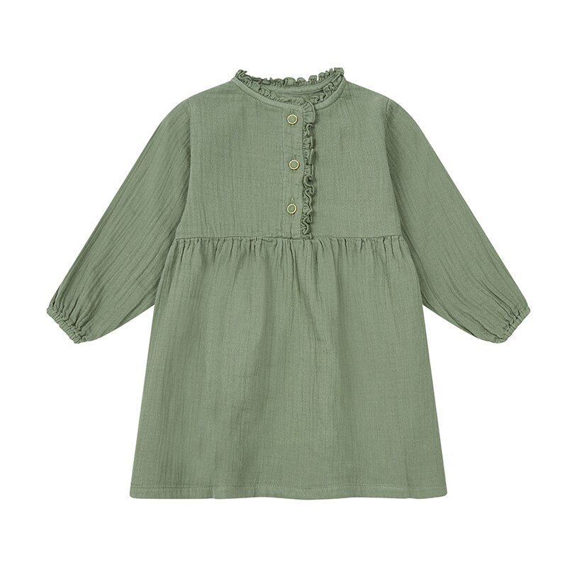 Girls Retro Button Round Neck Long-Sleeve Casual Midi Dresses TZ084