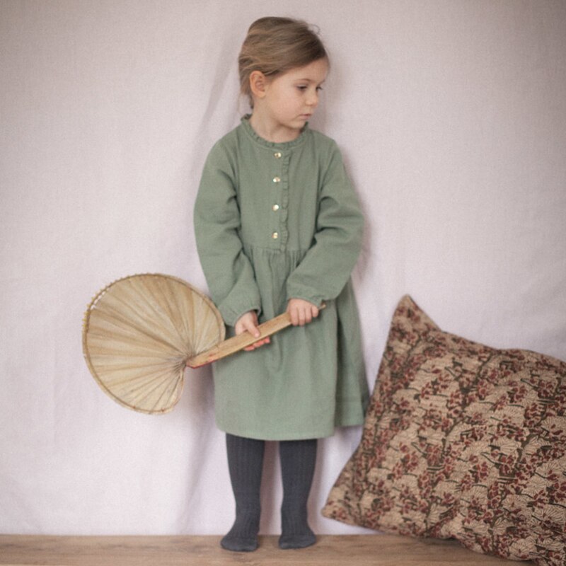Girls Retro Button Round Neck Long-Sleeve Casual Midi Dresses TZ084