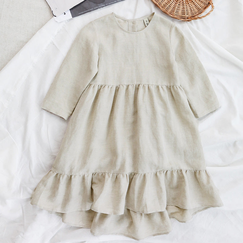 Girls O-neck Long-Sleeve Ruffle Linen Princess Dress TZ64