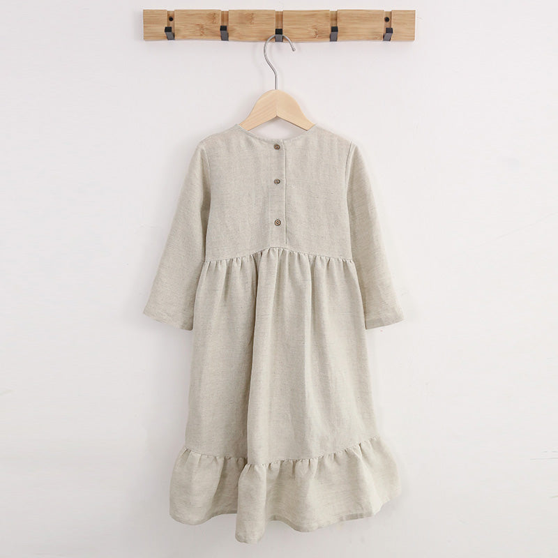 Girls O-neck Long-Sleeve Ruffle Linen Princess Dress TZ64