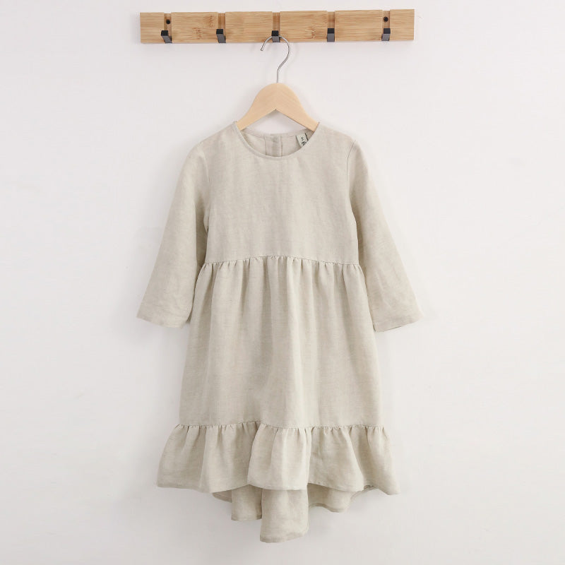 Girls O-neck Long-Sleeve Ruffle Linen Princess Dress TZ64