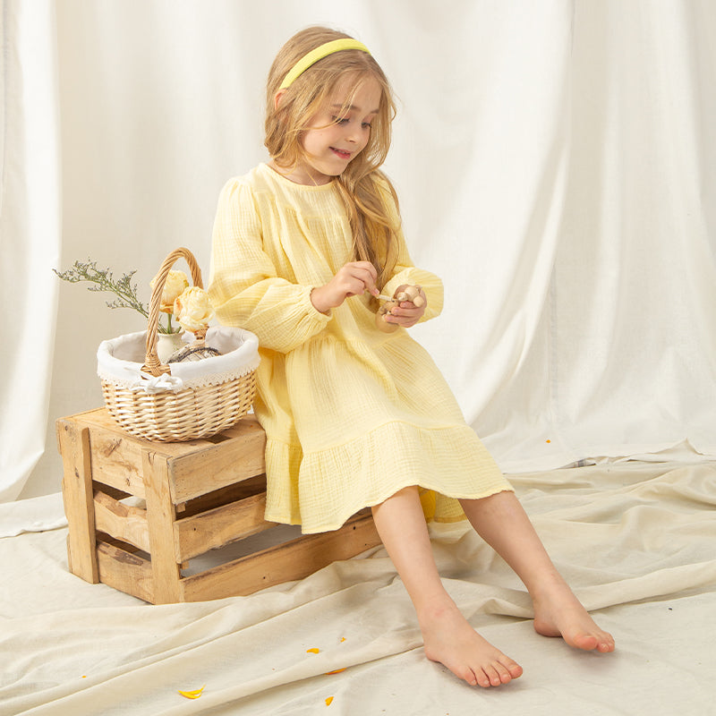 Girls Flowy Long-Sleeve Casual Loose Yellow Princess Dress