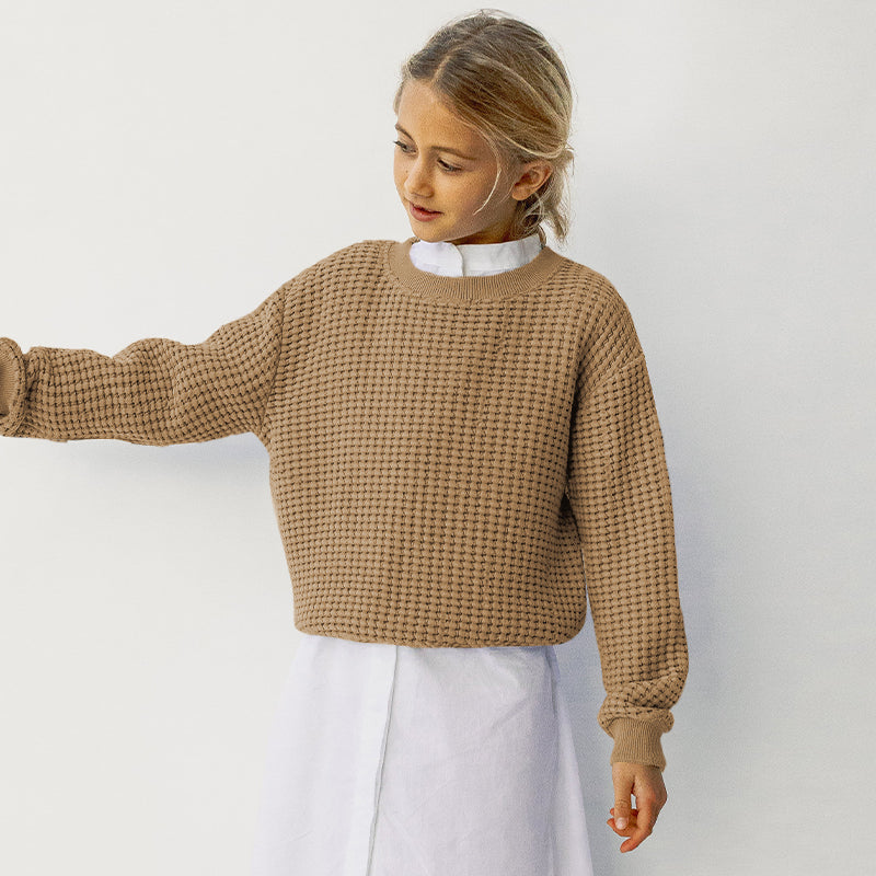 Girls Long-Sleeve Waffle Pullover Sweatshirt Casual Basic Sweater Kids Clothes TZ110