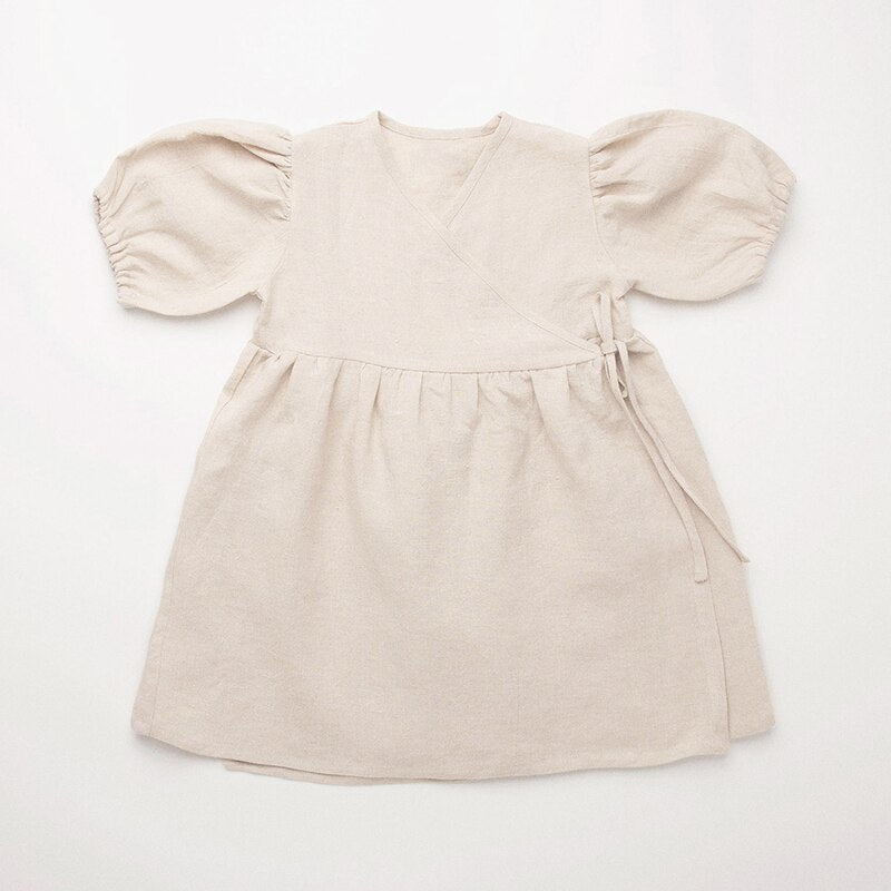 Girls Puff Sleeve Retro Linen Dress TZ117