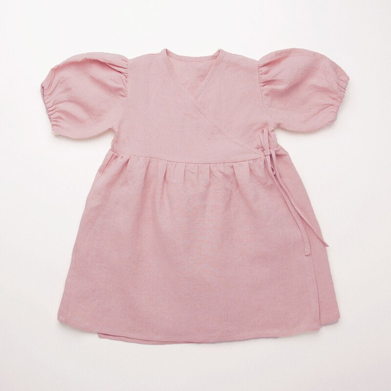 Girls Puff Sleeve Retro Linen Dress TZ117