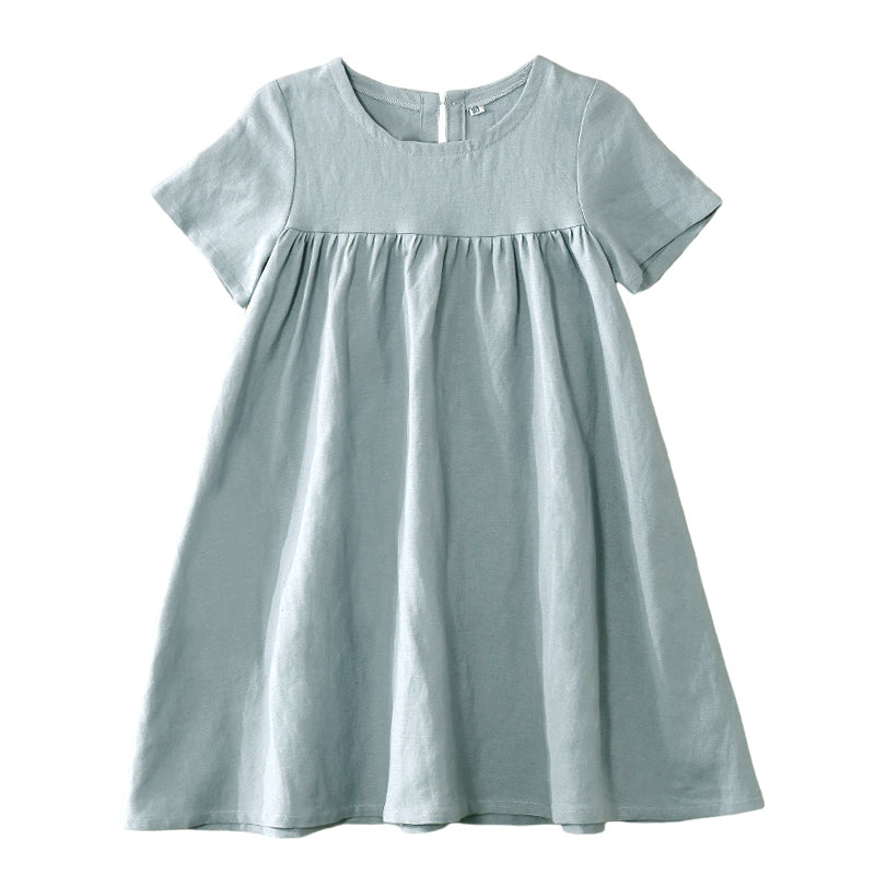 Girls Round Neck Solid Color Pleated Loose Short-Sleeve Dresses TZ31