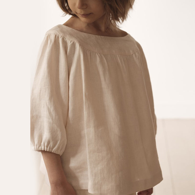 Retro Solid Round Neck Half Sleeve Casual Blouse VV01-(Hand Made)