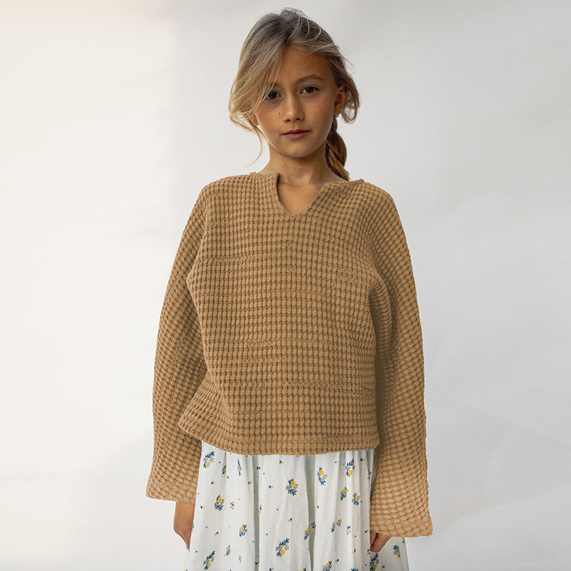 Retro Girls Long Sleeve Waffle Cotton Casual Sweatshirt TZ105