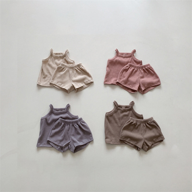 Summer Retro Waffle Sleeveless Suit Casual Camisole Shorts Cotton 2pcs Sets WT796