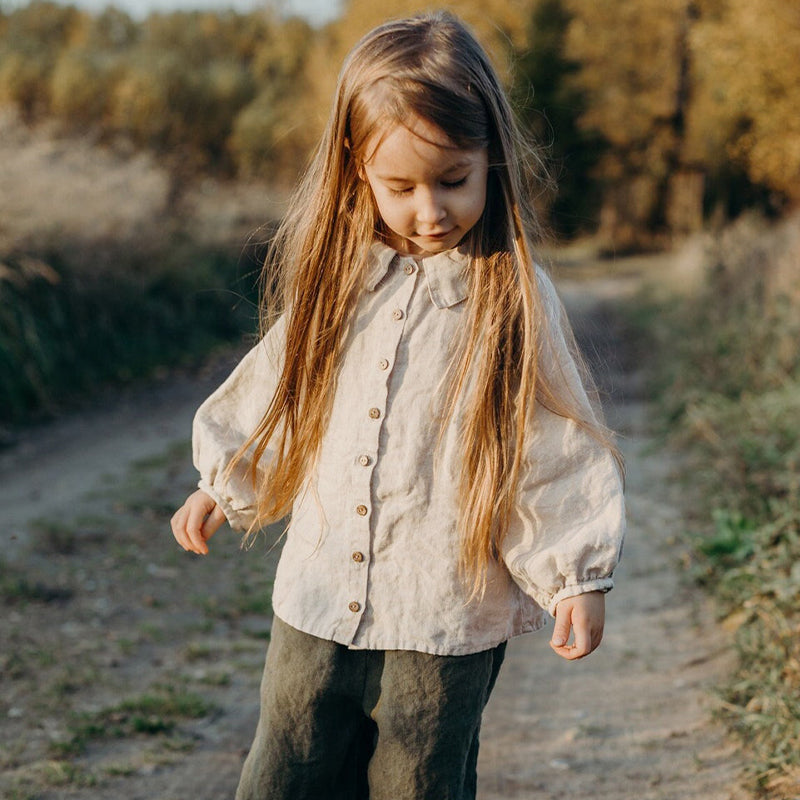 Girls Vintage Long-Sleeve Turn-Down Collar Casual Loose Linen Blouses TZ152