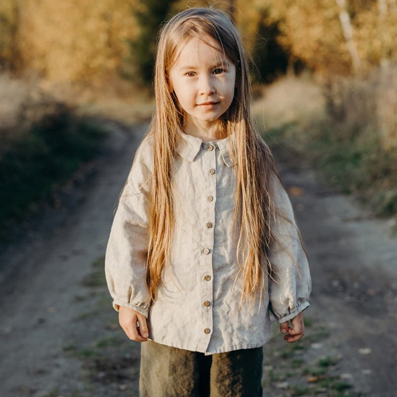 Girls Vintage Long-Sleeve Turn-Down Collar Casual Loose Linen Blouses TZ152
