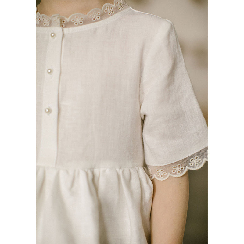 Summer Girls Flower Short-Sleeve Layered Cotton Linen Princess Dresses TZ048