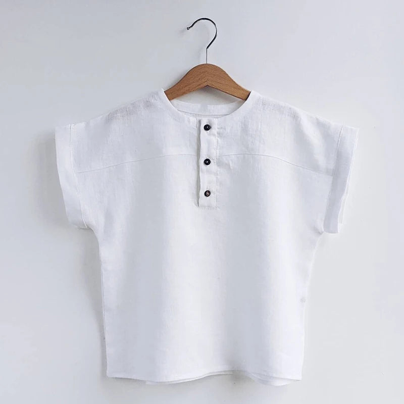 Boys Cotton Linen Striped Casual T-Shirt Summer Children's Round Neck Buttons Short-Sleeved Linen Tops TZ417