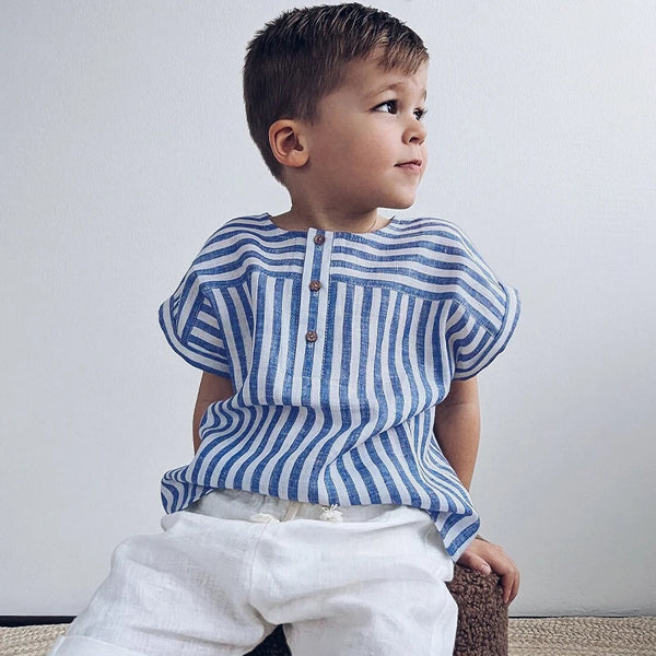 Boys Cotton Linen Striped Casual T-Shirt Summer Children's Round Neck Buttons Short-Sleeved Linen Tops TZ417