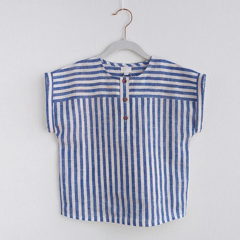 Boys Cotton Linen Striped Casual T-Shirt Summer Children's Round Neck Buttons Short-Sleeved Linen Tops TZ417