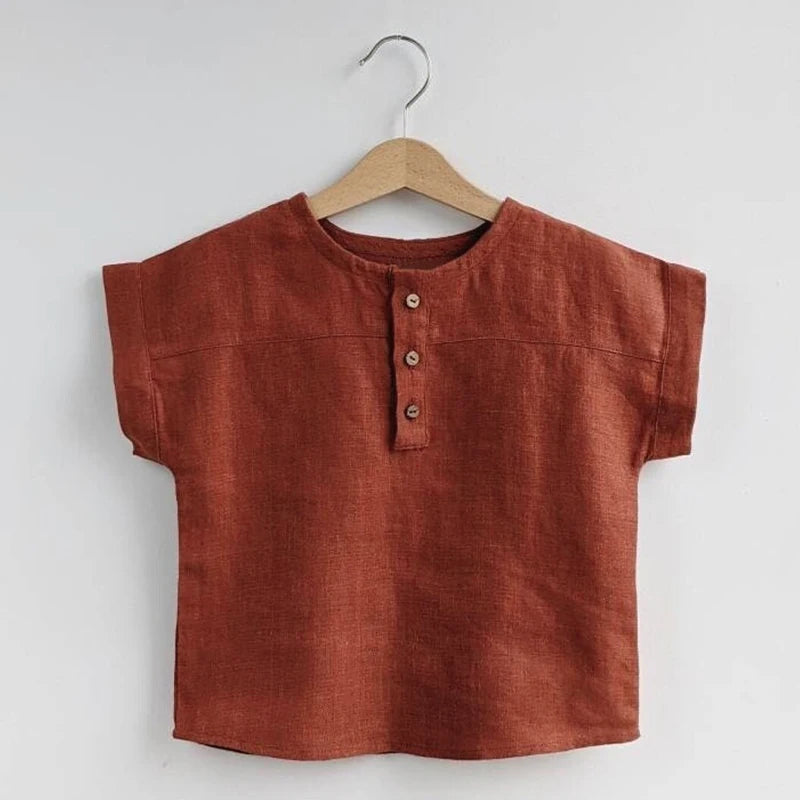 Boys Cotton Linen Striped Casual T-Shirt Summer Children's Round Neck Buttons Short-Sleeved Linen Tops TZ417