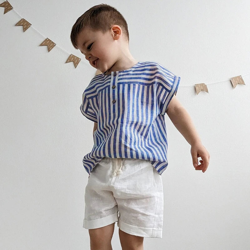 Boys Cotton Linen Striped Casual T-Shirt Summer Children's Round Neck Buttons Short-Sleeved Linen Tops TZ417