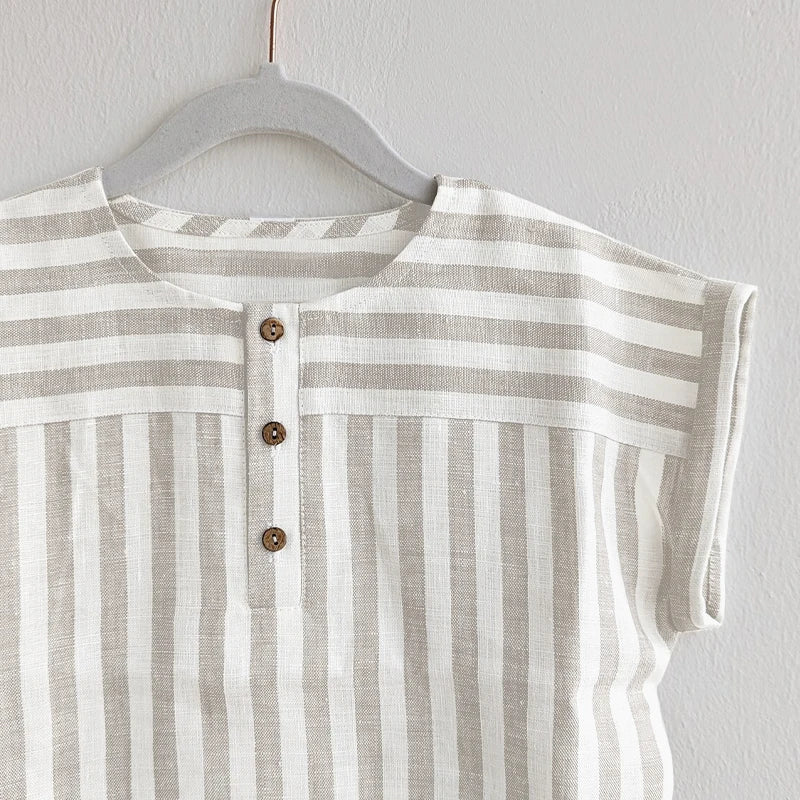 Boys Cotton Linen Striped Casual T-Shirt Summer Children's Round Neck Buttons Short-Sleeved Linen Tops TZ417