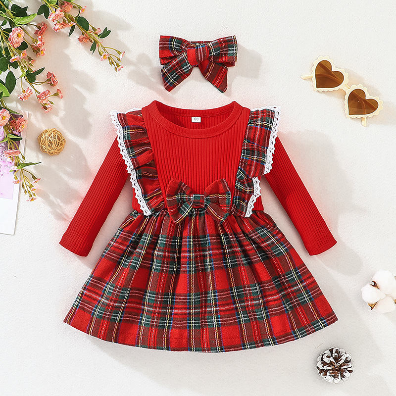 Christmas Children's Long Sleeve Plaid Bow Skirt GH39