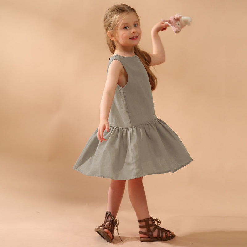 Girls Retro Sleeveless Ruffled Casual Loose Linen Dresses