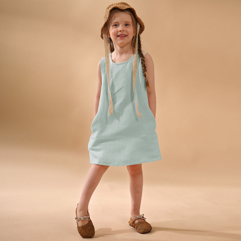 New Casual Sleeveless Solid Toddler Kids Dresses With Pockets