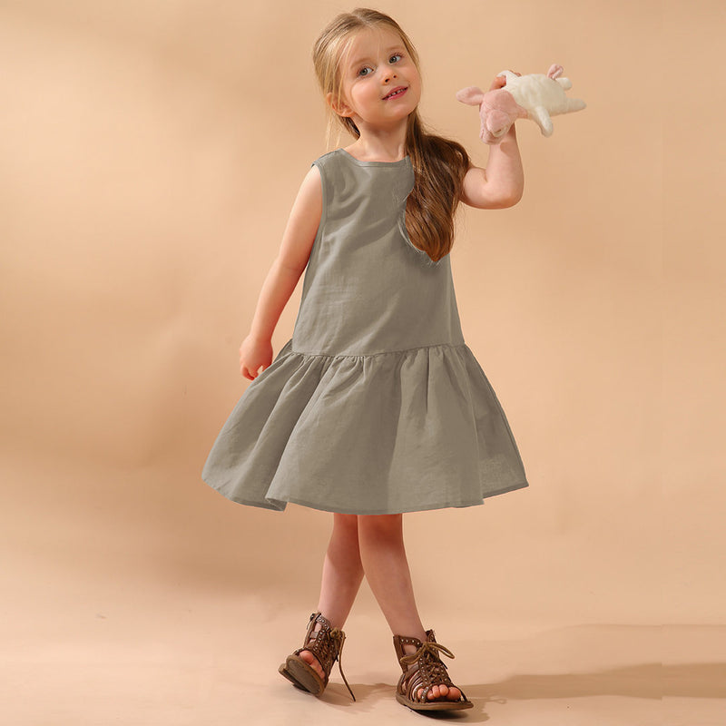 Girls Retro Sleeveless Ruffled Casual Loose Linen Dresses