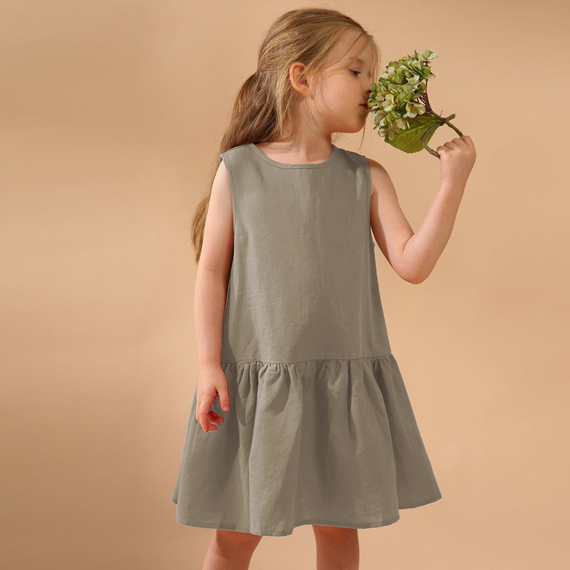 Girls Retro Sleeveless Ruffled Casual Loose Linen Dresses