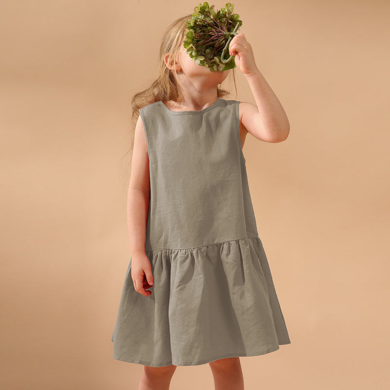 Girls Retro Sleeveless Ruffled Casual Loose Linen Dresses