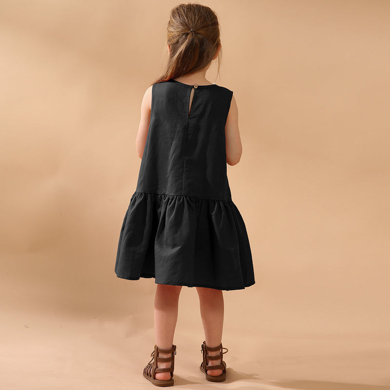 Girls Retro Sleeveless Ruffled Casual Loose Linen Dresses