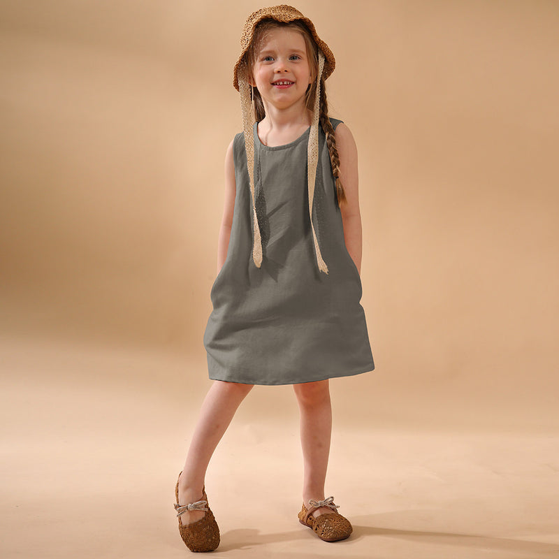 New Casual Sleeveless Solid Toddler Kids Dresses With Pockets