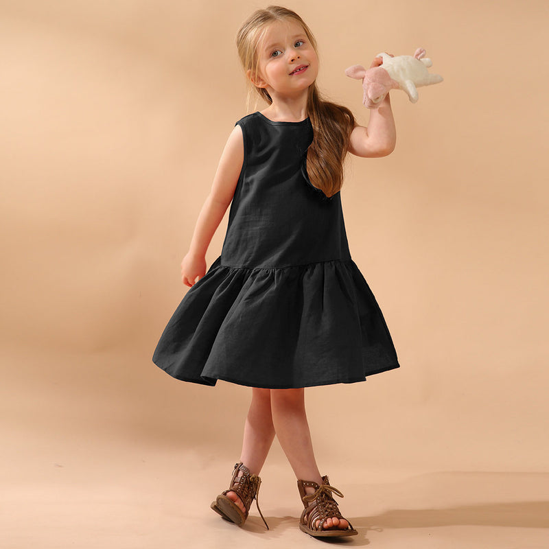 Girls Retro Sleeveless Ruffled Casual Loose Linen Dresses