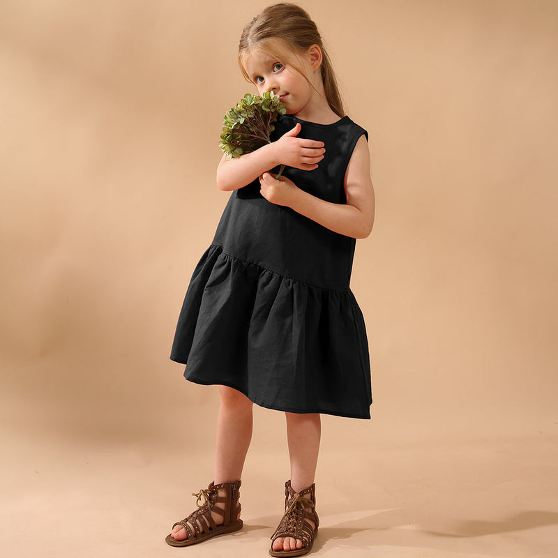 Girls Retro Sleeveless Ruffled Casual Loose Linen Dresses