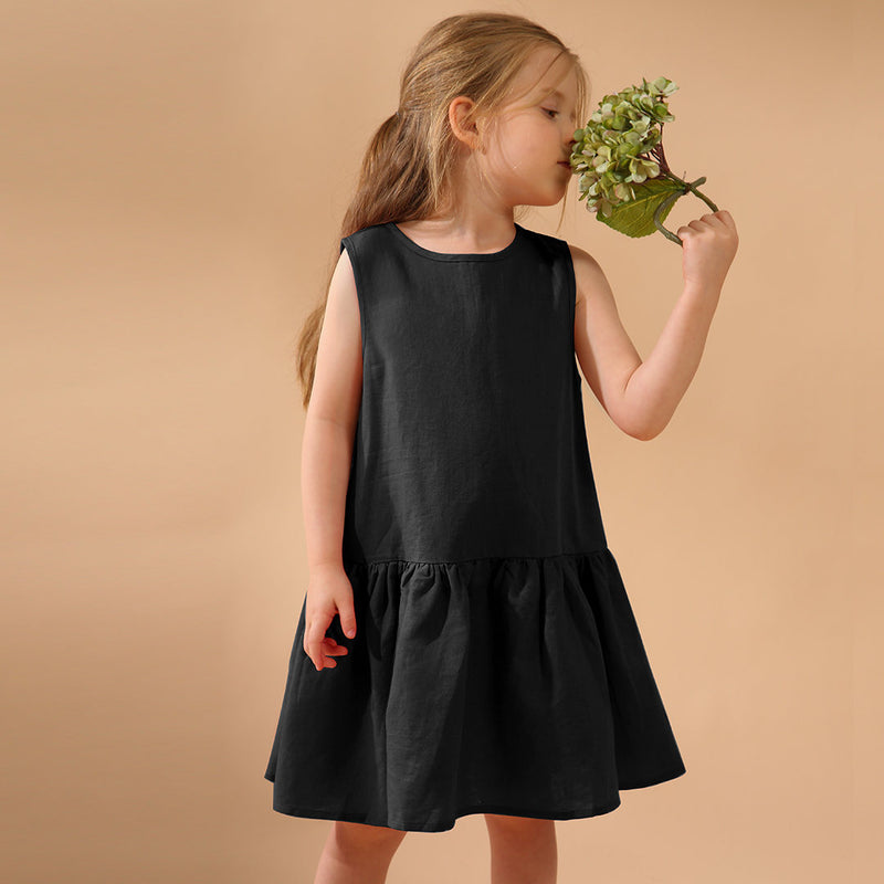 Girls Retro Sleeveless Ruffled Casual Loose Linen Dresses