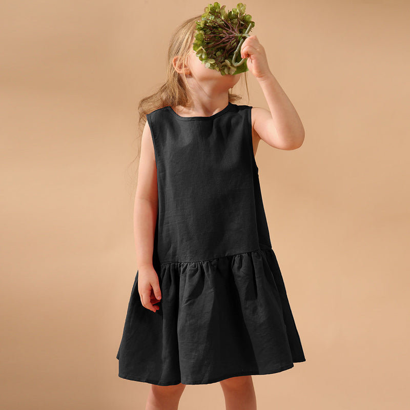 Girls Retro Sleeveless Ruffled Casual Loose Linen Dresses