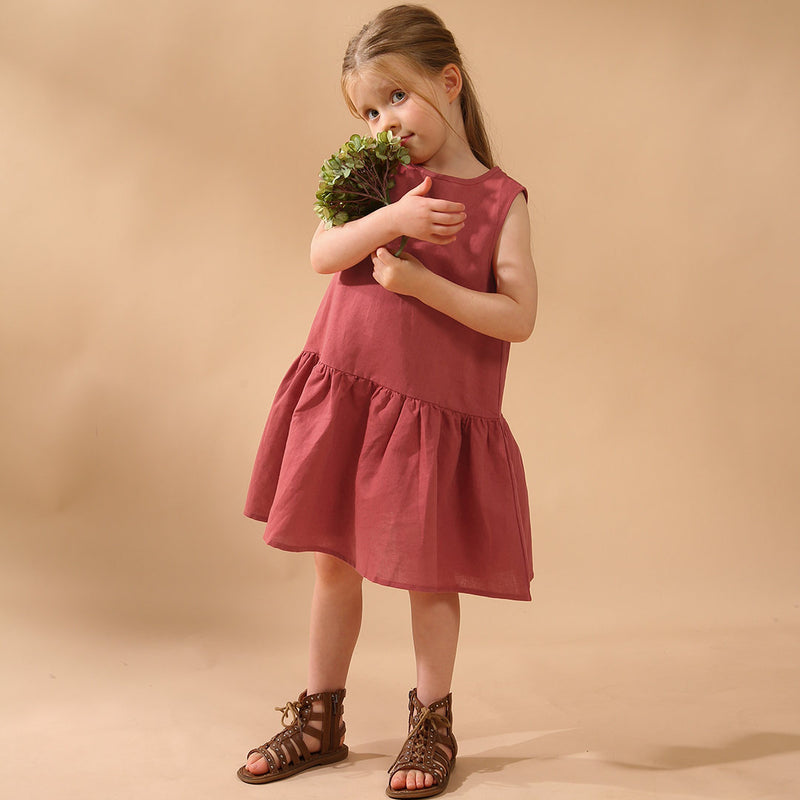 Girls Retro Sleeveless Ruffled Casual Loose Linen Dresses